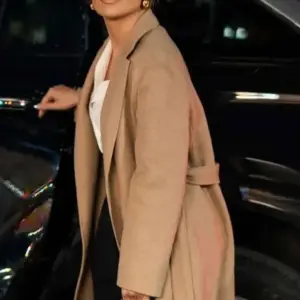 Jennifer Lopez Movie Office Romance 2026 Jackie Cruz Camel Wool Coat