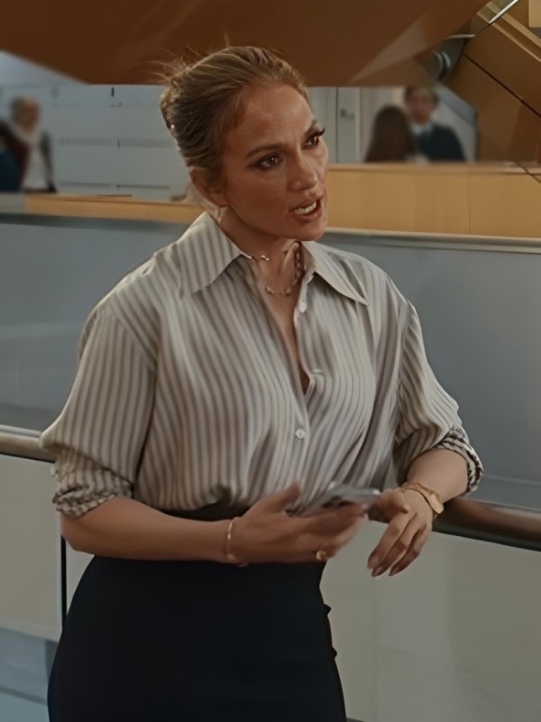 Jennifer-Lopez-Movie-Office-Romance-2026-Jackie-Cruz-Striped-Button-Through-Shirt