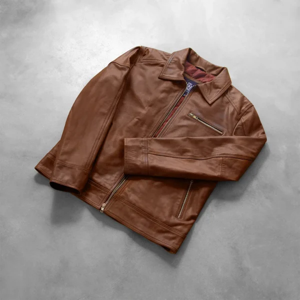 Lavendard Brown Leather Biker Jacket - Image 5