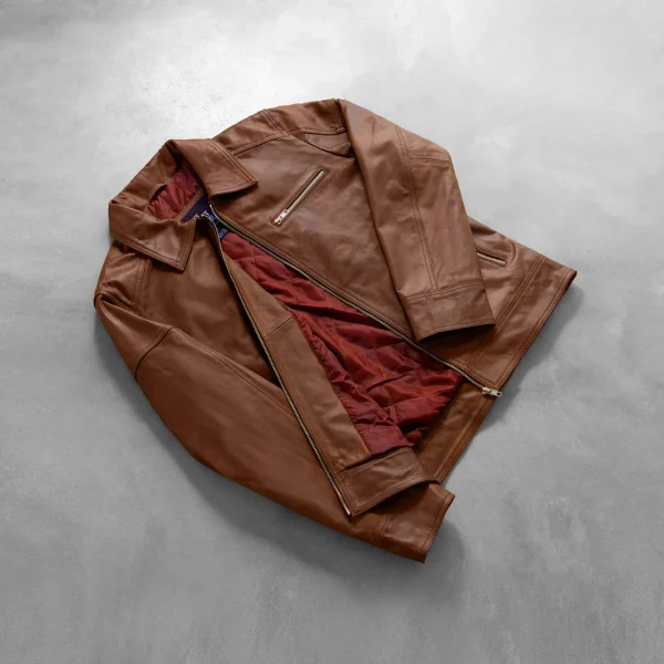 Lavendard Brown Leather Biker Jacket - Image 4