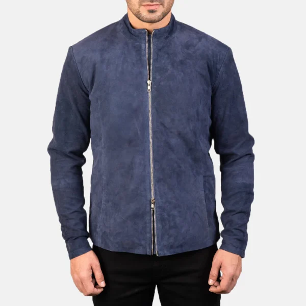 Charcoal Navy Blue Suede Biker Jacket - Image 3