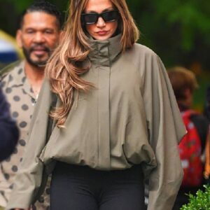 New York City 2026 Movie Office Romance Press Tour Jennifer Lopez Olive Green Draped Jacket